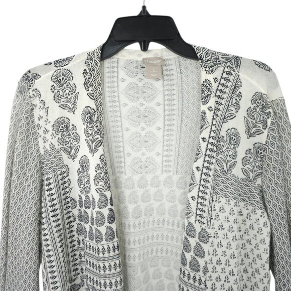 Chicos Open Front Cardigan Womens Size 2 US L Ruched Sleeve Sweater Paisley - Picture 8 of 16